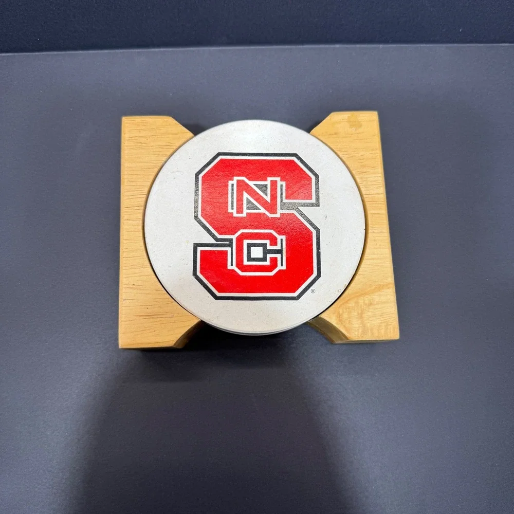 NC State Wolfpack Coaster Set 4 Piece Red White Block S Logo Wood Holder Cork